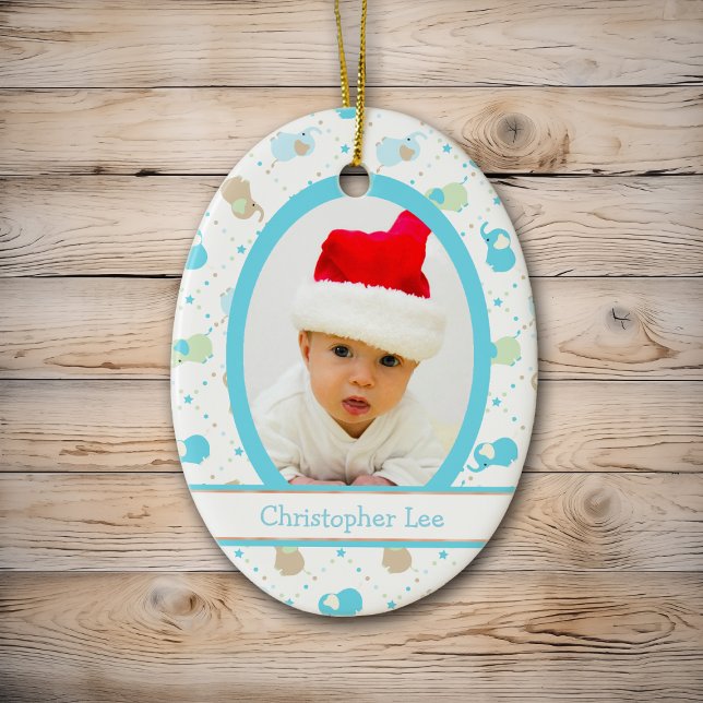 Ornamento De Cerâmica Blue Baby Elephants First Christmas Photo Template (Criador carregado)