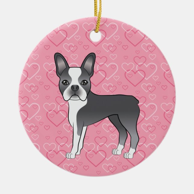 Ornamento De Cerâmica Blue Boston Terrier on Pink Heart Memorial (Frente)