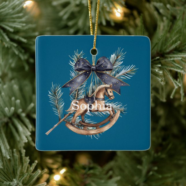 Ornamento De Cerâmica Blue Bow Rocking Horse Christmas (Árvore)