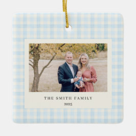 Ornamento De Cerâmica Blue Bow Wreath Gingham Photo Christmas
