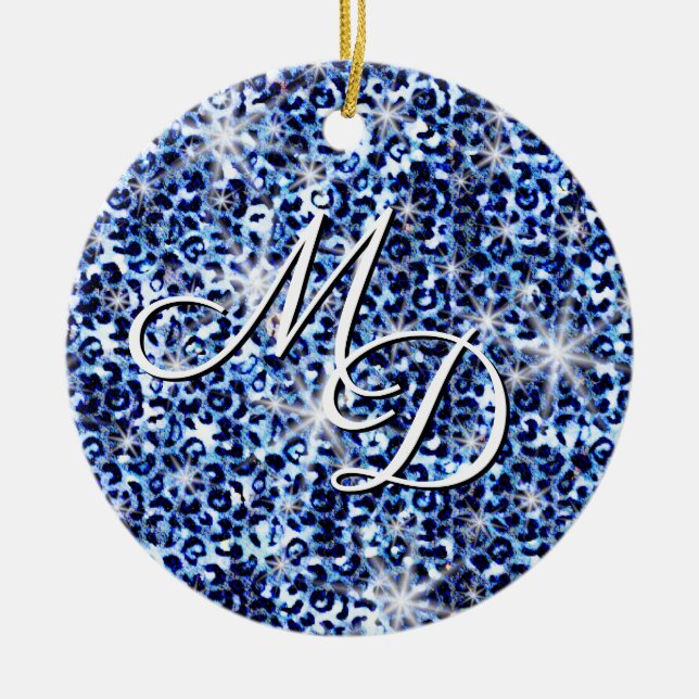 Ornamento De Cerâmica Blue Cheetah Sparkles Monograma (Frente)