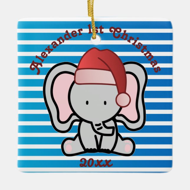 Ornamento De Cerâmica Blue Custom Baby Boy Name Primeiro Natal 2022 (Frente)