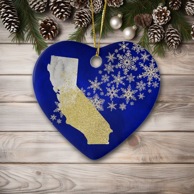 Ornamento De Cerâmica Blue Dourado Snowflake California Heart (Criador carregado)