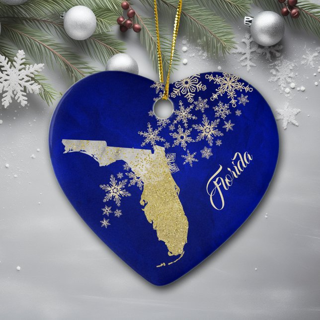 Ornamento De Cerâmica Blue Dourado Snowflake Florida Heart (Criador carregado)