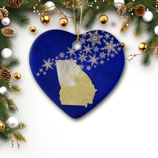 Ornamento De Cerâmica Blue Dourado Snowflake Georgia Heart (Criador carregado)