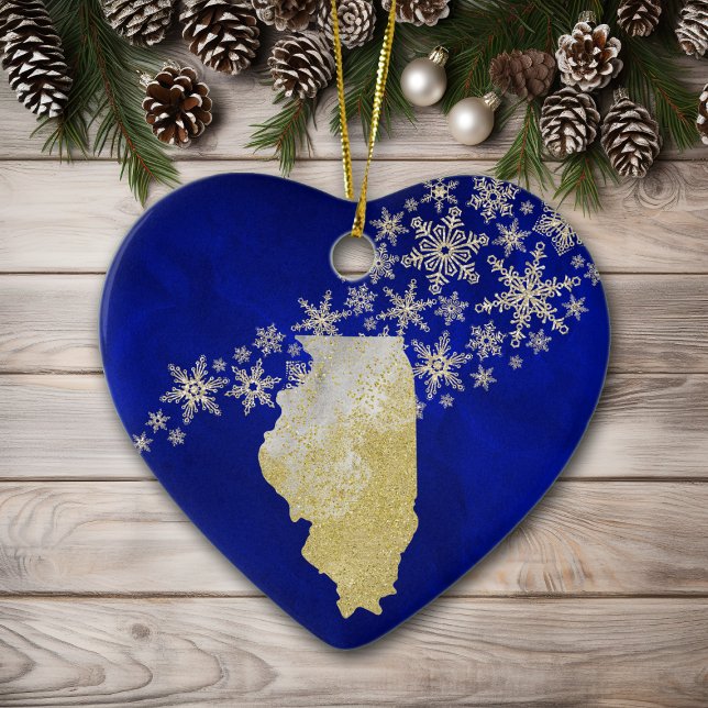 Ornamento De Cerâmica Blue Dourado Snowflake Illinois Heart (Criador carregado)