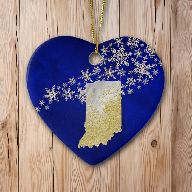Ornamento De Cerâmica Blue Dourado Snowflake Indiana Heart (Criador carregado)
