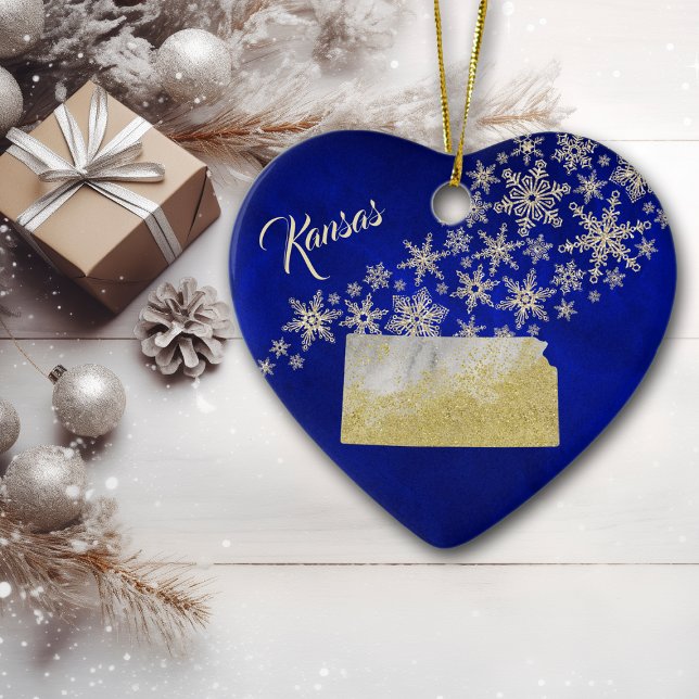 Ornamento De Cerâmica Blue Dourado Snowflake Kansas Heart (Criador carregado)