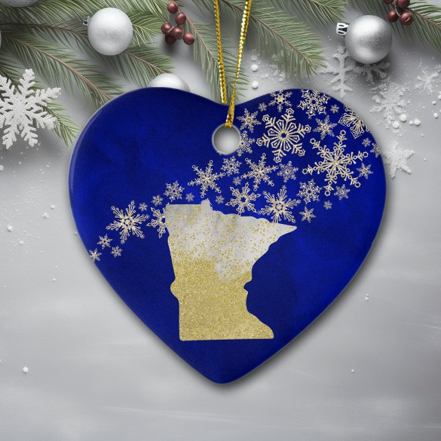 Ornamento De Cerâmica Blue Dourado Snowflake Minnesota Heart (Criador carregado)