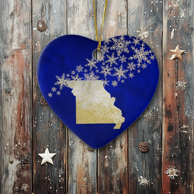 Ornamento De Cerâmica Blue Dourado Snowflake Missouri Heart (Criador carregado)