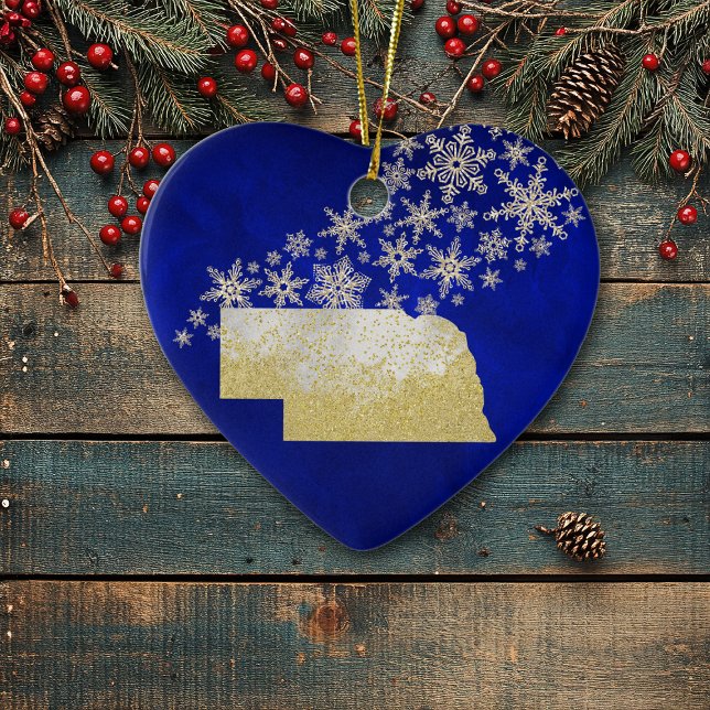 Ornamento De Cerâmica Blue Dourado Snowflake Nebraska Heart (Criador carregado)