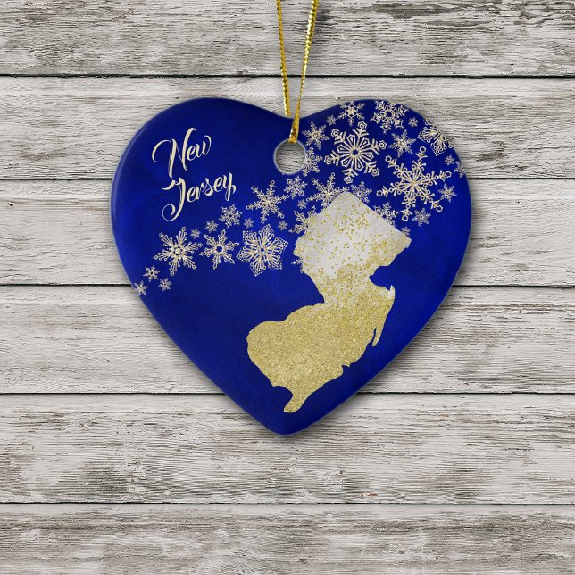 Ornamento De Cerâmica Blue Dourado Snowflake New Jersey Heart (Criador carregado)