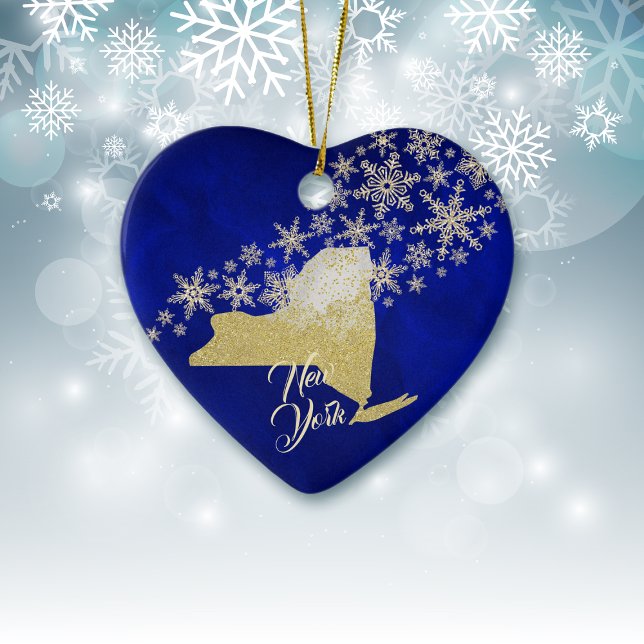 Ornamento De Cerâmica Blue Dourado Snowflake New York Heart (Criador carregado)