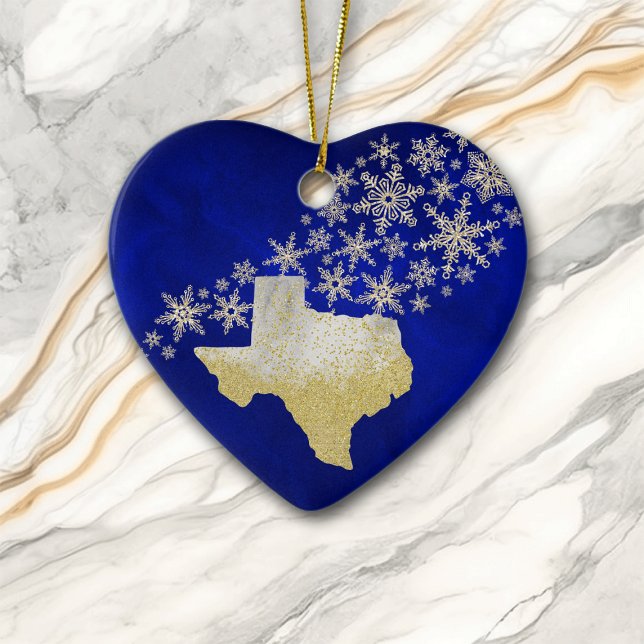 Ornamento De Cerâmica Blue Dourado Snowflake Texas Heart (Criador carregado)
