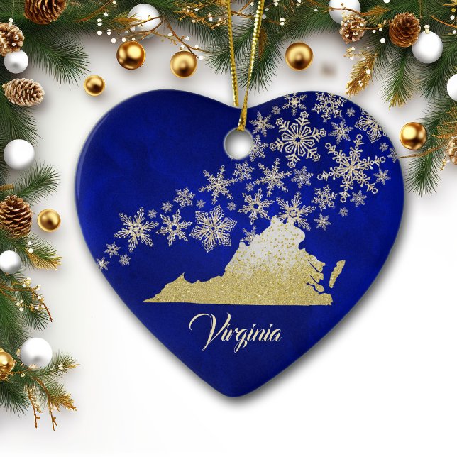 Ornamento De Cerâmica Blue Dourado Snowflake Virginia Heart (Criador carregado)