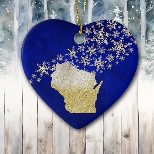 Ornamento De Cerâmica Blue Dourado Snowflake Wisconsin Heart (Criador carregado)