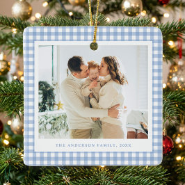 Ornamento De Cerâmica Blue Gingham Family Photo