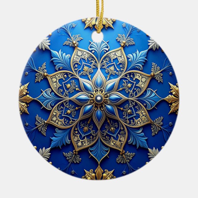 Ornamento De Cerâmica Blue Gold Decorative Holiday Ornament (Frente)