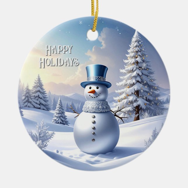 Ornamento De Cerâmica Blue Hat Snowman Christmas Tree Holiday Ornament (Frente)