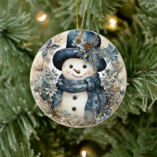 Ornamento De Cerâmica Blue Hat Snowman Natal
