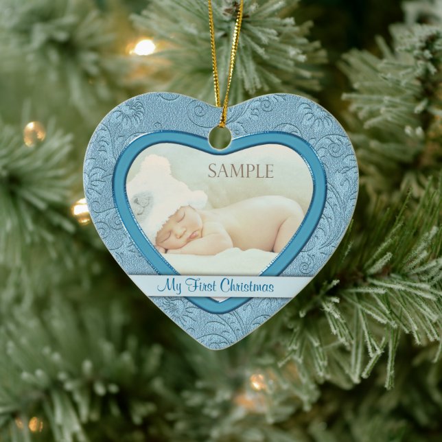 Ornamento De Cerâmica Blue Heart Swirl Baby First Christmas (Árvore)