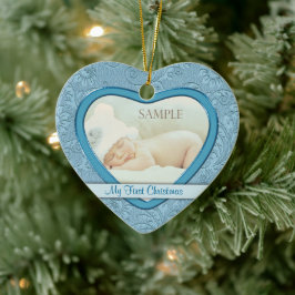 Ornamento De Cerâmica Blue Heart Swirl Baby First Christmas