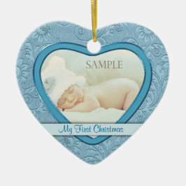 Ornamento De Cerâmica Blue Heart Swirl Baby First Christmas