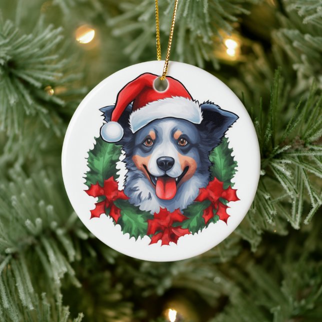 Ornamento De Cerâmica Blue Heeler Christmas Wreath (Árvore)