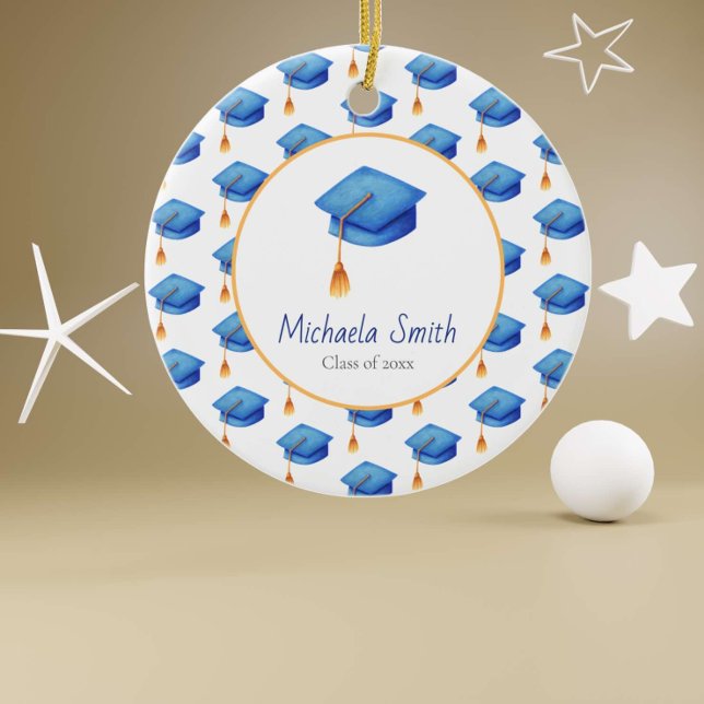 Ornamento De Cerâmica Blue High School Graduation Keepsake Christmas (Criador carregado)