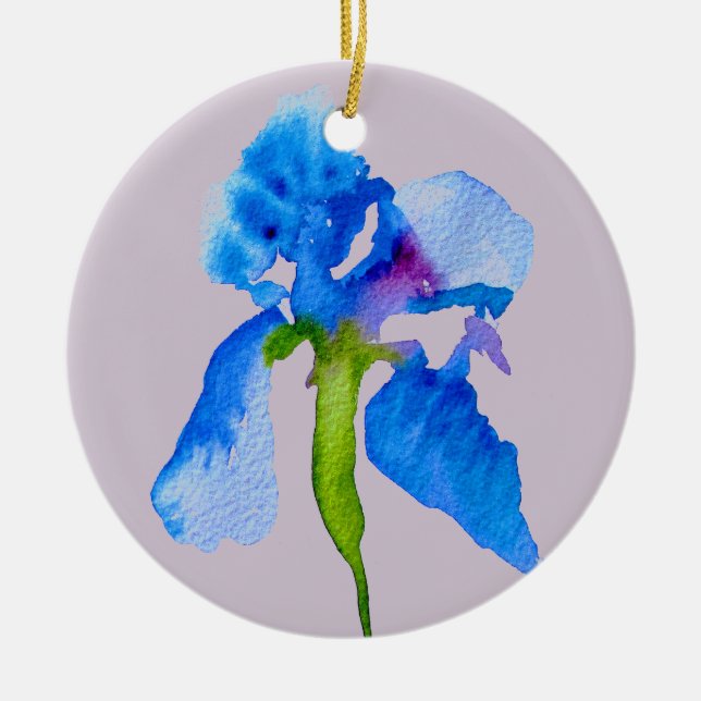 Ornamento De Cerâmica Blue Iris moderna aquarela arte floral (Frente)