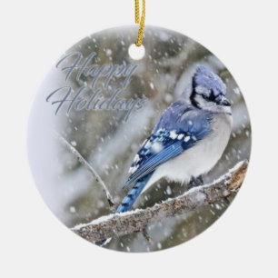 Ornamento De Cerâmica Blue Jay no Natal da neve