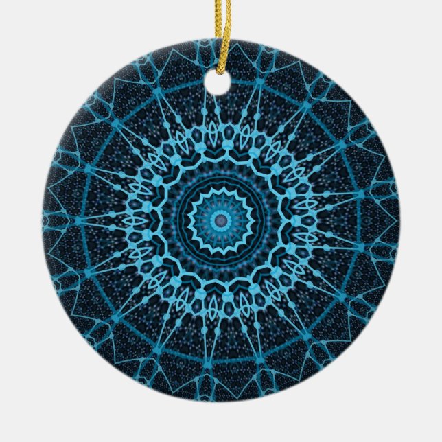 Ornamento De Cerâmica Blue Mandala Net Retro Hippie Trippy Boho Chic (Frente)