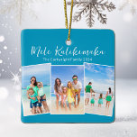 Ornamento De Cerâmica Blue Mele Kalikimaka Viagem de praia Foto de Natal<br><div class="desc">Enfeites de natal de colagem de fotos personalizável da família de praia com sua foto tropical favorita ao sol. Adicione 3 fotografias verticais da sua viagem favorita das suas férias na ilha à costa. Um belo presente de ornamento de feriado costeiro com bonito roteiro azul acima das três fotos.</div>