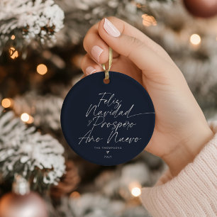 Ornamento De Cerâmica Blue Minimalist Script Modern Feliz Navidad