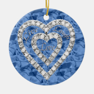 Ornamento De Cerâmica Blue Round Live Laugh Love Diamond Hearnament