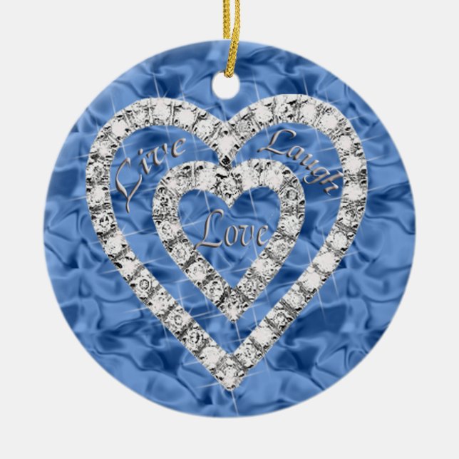 Ornamento De Cerâmica Blue Round Live Laugh Love Diamond Hearnament (Frente)