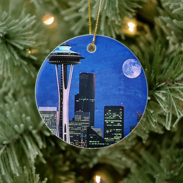 Ornamento De Cerâmica Blue Seattle Skyline Feliz Natal (Árvore)