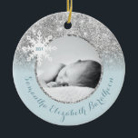 Ornamento De Cerâmica Blue Silver Glitter Winter Personalized Baby Ceram<br><div class="desc">Decorate your Christmas tree with this elegant and classy blue and silver winter baby's first Christmas ornament. This ornament is fully customizable! You can edit the text and add your own photo by clicking "personalize this template". This personalized baby ornament features a silver glitter background and frame and a white...</div>