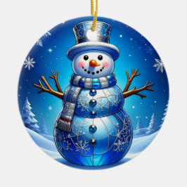 Ornamento De Cerâmica Blue Snowman Snowflakes Holiday Ornament