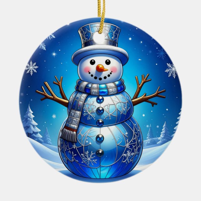 Ornamento De Cerâmica Blue Snowman Snowflakes Holiday Ornament (Frente)