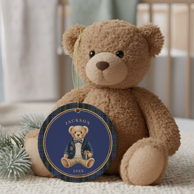 Ornamento De Cerâmica Blue Tartan Plaid | Christmas Teddy Bear (Criador carregado)