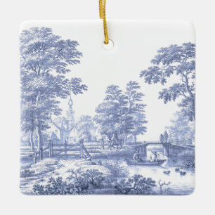 Ornamento De Cerâmica Blue Toile Vintage Barco de Ponte Pastoral Frances