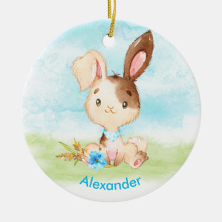Ornamento De Cerâmica Blue Watercolor Little Bunny