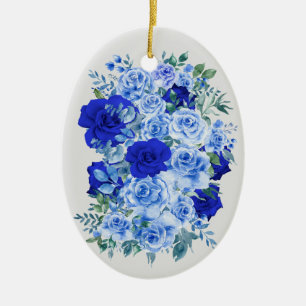 Ornamento De Cerâmica Blue Watercolor Rose Bouquet