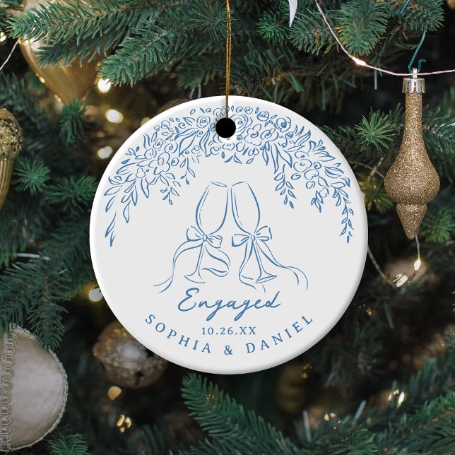 Ornamento De Cerâmica Blue Whimsical Cheers Our First Christmas Engaged (Blue Whimsical Cheers Our First Christmas Engaged Ceramic Ornament)