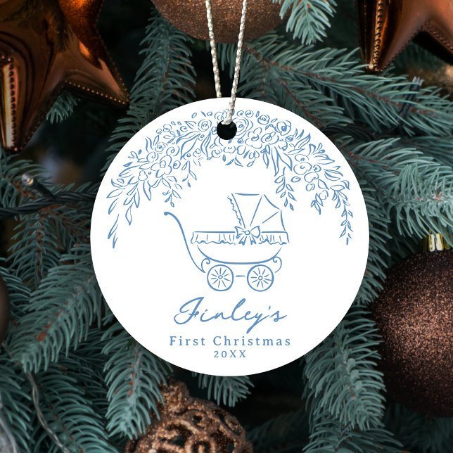 Ornamento De Cerâmica Blue Whimsical Stroller Baby's First Christmas (Blue Whimsical Stroller Baby's First Christmas Ceramic Ornament)