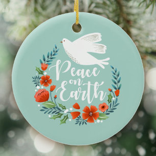 Ornamento De Cerâmica Blue White Dove Peace on Earth Christmas