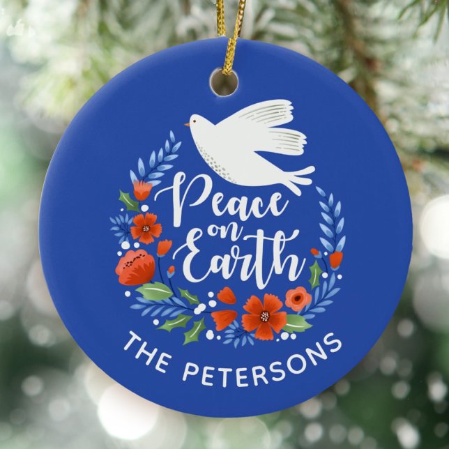 Ornamento De Cerâmica Blue White Dove Peace on Earth Christmas (An elegant peace on earth Christmas ornament)