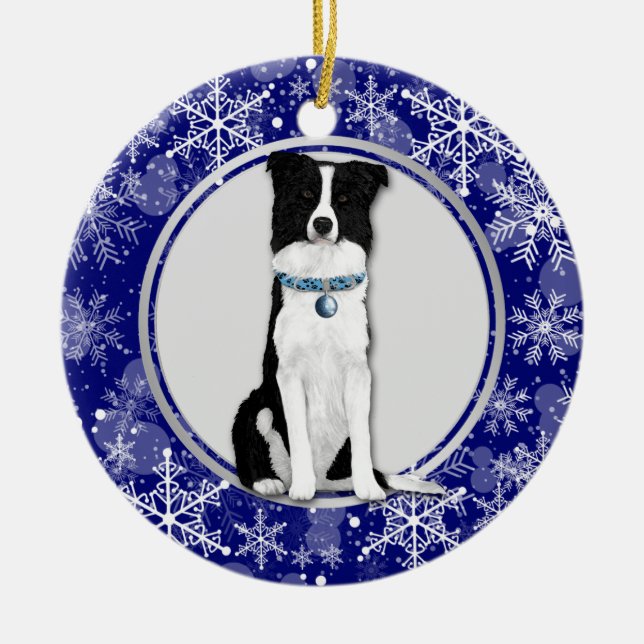 Ornamento De Cerâmica Blue White Snowflake Border Collie Christmas (Frente)