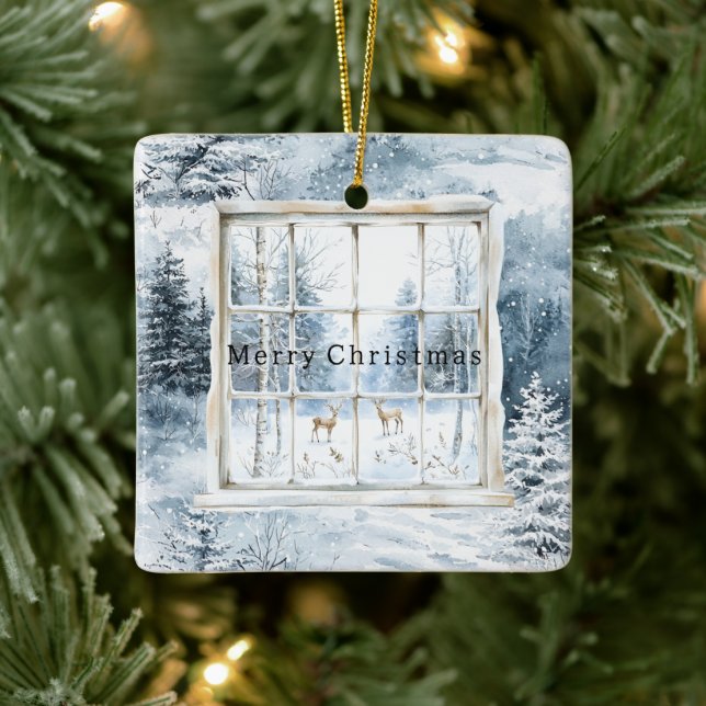 Ornamento De Cerâmica Blue White Snowflakes Deer Window Christmas (Árvore)
